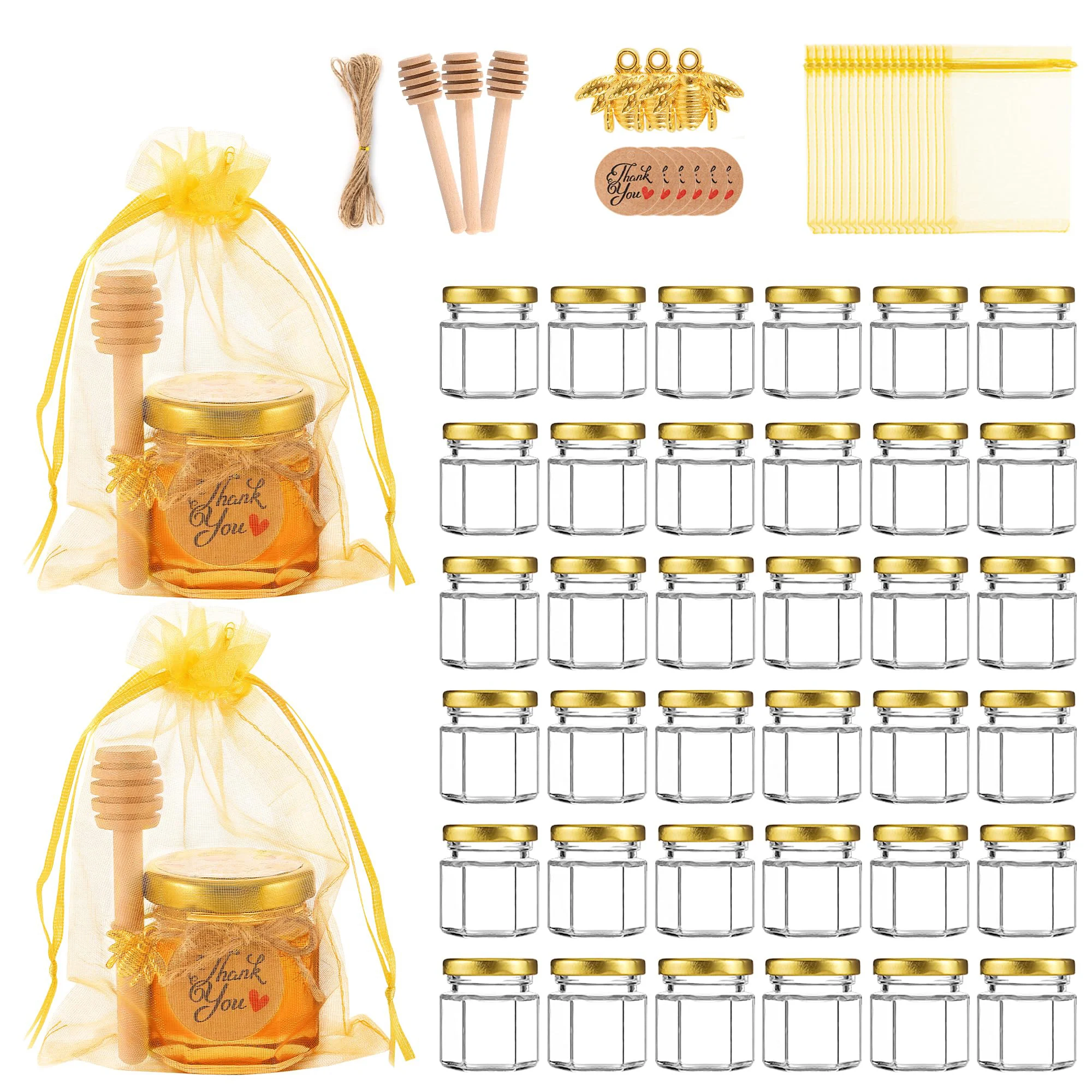 Candle Making Event - 1.5オンスの六角形ミニガラス製ハニーポット、木製ディッパー、蜂のペンダント、蓋付き、ベビーシャワー、結婚式、キャンドル作り、パーティーの記念品に最適