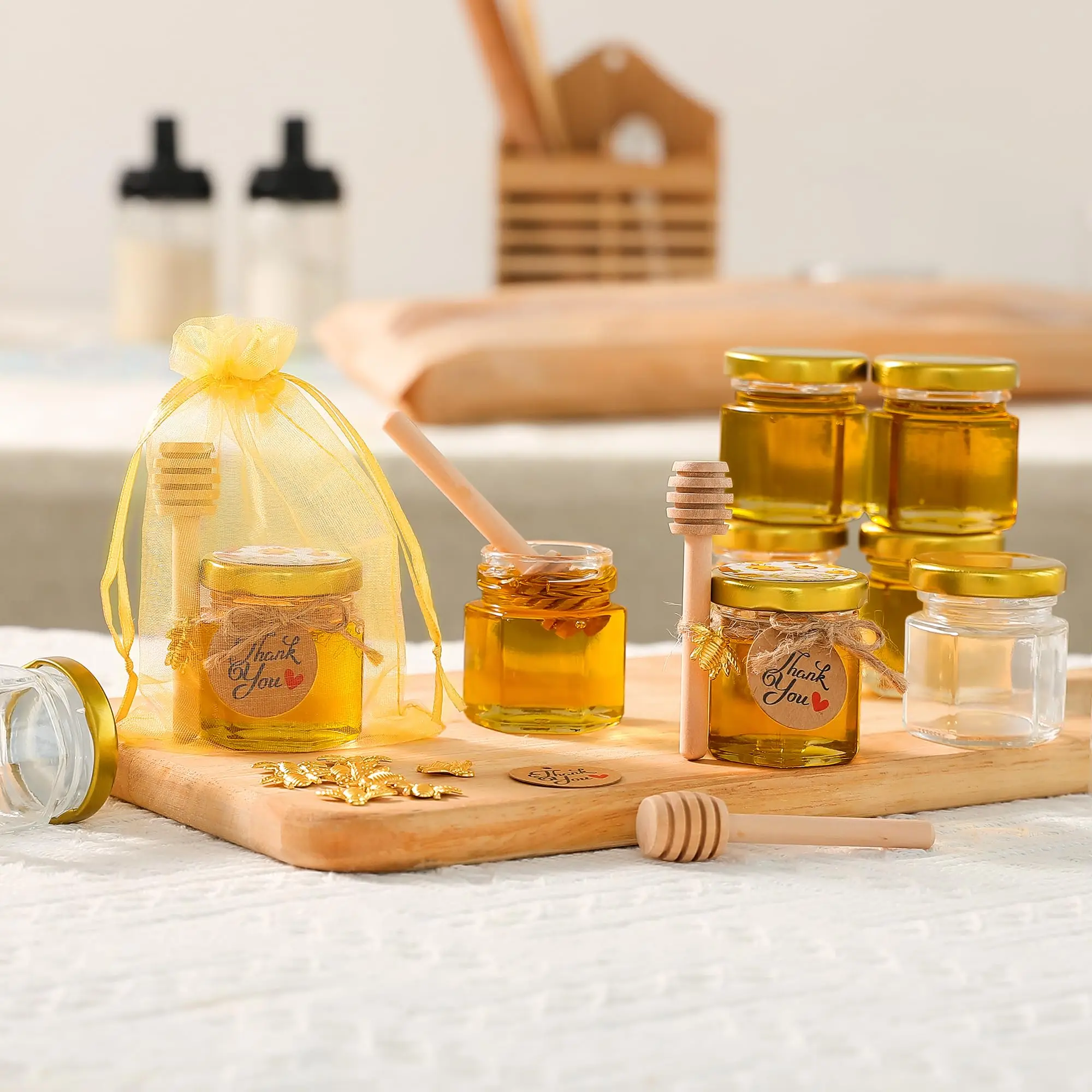1.5オンスの六角形ミニガラス製ハニーポット、木製ディッパー - Candle Making Event のレビューと価格